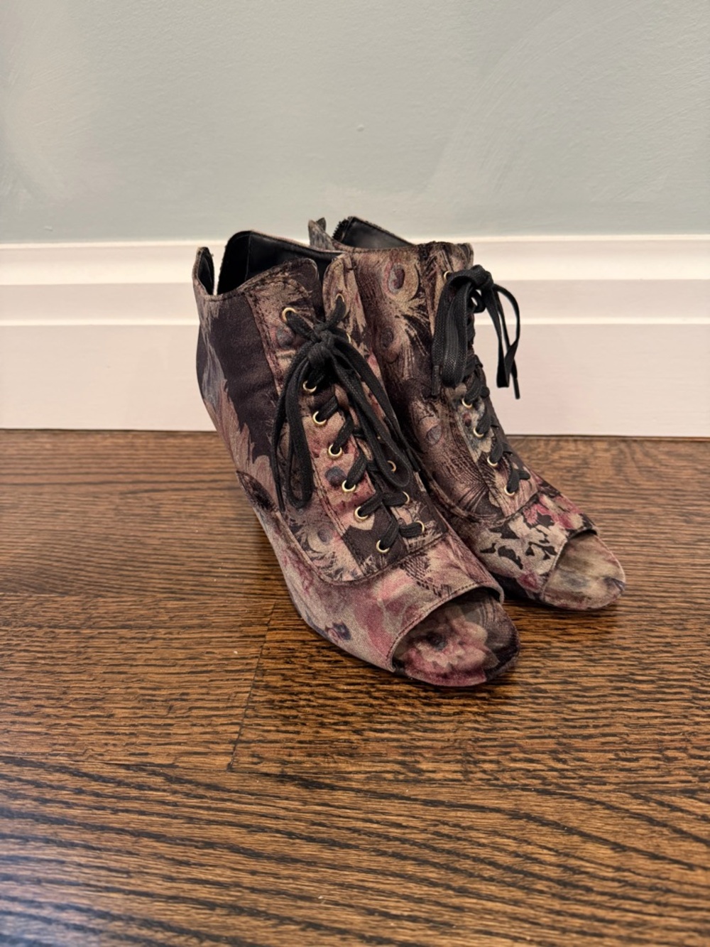 Nanette Lepore Floral Peep-Toe Lace-Up Ankle Booties in Black and Pink
